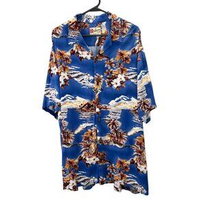 Vintage Hilo Hattie Hawaiian Rayon Shirt 2XL Blue Button Up Tropical Palm